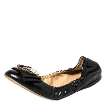 Pre Owned Dolce and Gabbana Black Patent Leather Crystal Embellished Bow Scrunch Ballet Flats Size 39