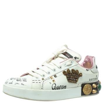 Pre Owned Dolce & Gabbana White Leather Portofino Embellished Sneakers Size 39