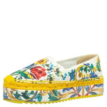 Pre Owned  Dolce & Gabbana Multicolor Fabric Majolica Print Platform Espadrilles Size 36