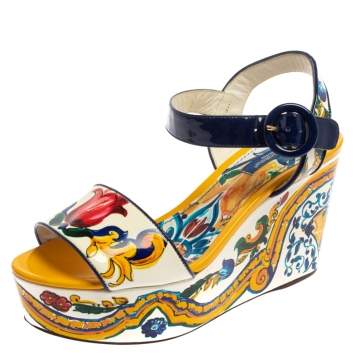 Pre Owned Dolce & Gabbana Multicolor Majolica Print Patent Leather Wedge Platform Ankle Strap Sandals Size 36