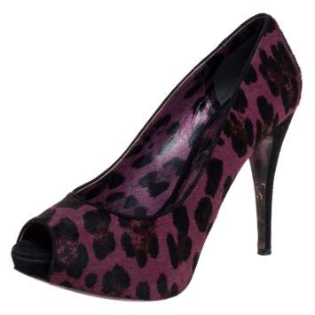 Pre Owned Dolce & Gabbana Purple Calf hair And Suede Leopard Print Peep Toe Pumps Size 40