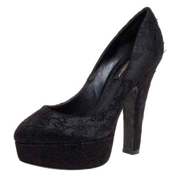 Pre Owned Dolce and Gabbana Black Lace Platform Pumps Size 36