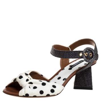 Pre Owned Dolce & Gabbana White/Grey Raffia And Polka Dot Fabric Knotted Ankle Strap Sandals Size 37.5