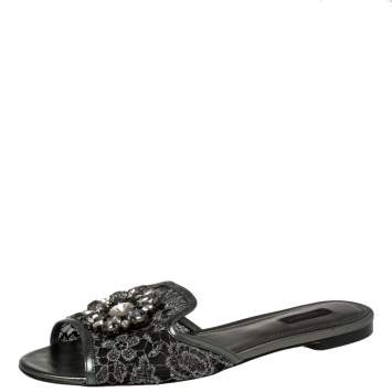 Pre Owned Dolce & Gabbana Metallic Grey Lace And Leather Trim Crystal Embellished Flats Size 41