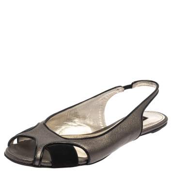 Pre Owned Dolce & Gabbana Metallic Suede And Leather Slingback Flats Size 37.5