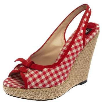 Pre Owned Dolce & Gabbana Red/White Check Fabric Wedge Slingback Sandals Size 40