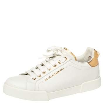 Pre Owned Dolce & Gabbana White/Gold Leather Portofino Pearl Embellished Low Top Sneakers Size 39.5
