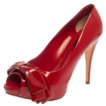 Pre Owned Dolce & Gabbana Red Patent Leather Peep Toe Bow Pumps Size 39.5