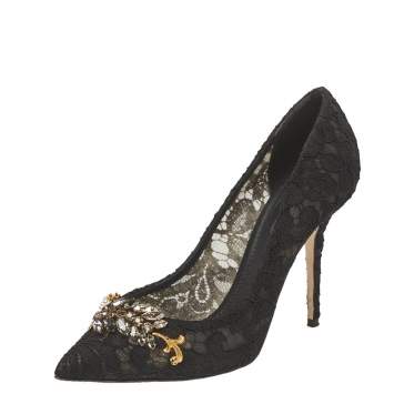 Pre Owned Dolce & Gabbana Black Lace Bellucci Crystal Embellished Pumps Size 40.5