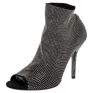 Pre Owned  Dolce & Gabbana Black Fabric Embellished Open Toe Ankle Boots Size 37