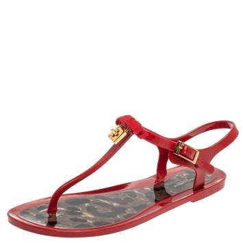 Pre Owned Dolce and Gabbana Red Patent Leather Jelly Bow Thong Flat Sandals Size 38