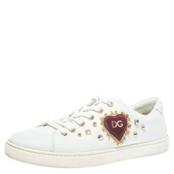 مملوكة مسبقًا Dolce & Gabbana White Leather Heart Low Top Sneakers Size 39