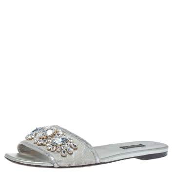 Pre Owned Dolce & Gabbana Silver Brocade Fabric Crystal Embellished Flat Slides Size 38