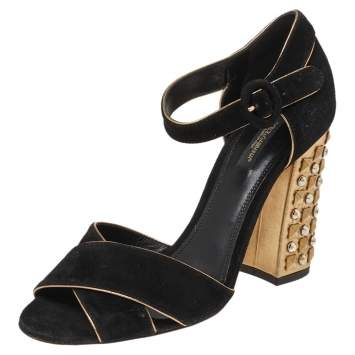 Pre Owned  Dolce & Gabbana Black Suede Crystal Embellished Block Heel Sandals Size 38.5