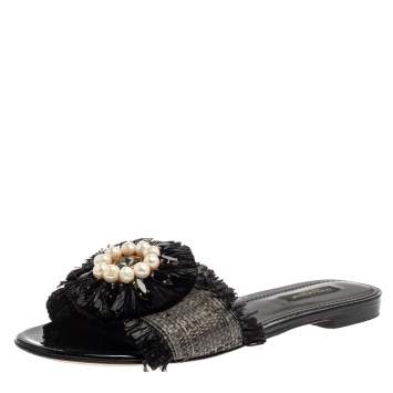 مملوكة مسبقًا Dolce & Gabbana Black/Grey Raffia Crystal Embellished Flats Size 37