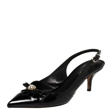 Pre Owned Dolce & Gabbana Black Leather Crystal Embellished Slingback Pointed Toe Sandals Size 37.5