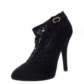 Pre Owned Dolce & Gabbana Black Suede And Lace Ankle Strap Pumps Size 37.5