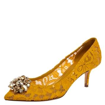 Pre Owned Dolce & Gabbana Yellow Lace Bellucci Pumps Size 40