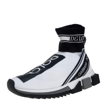 Pre Owned Dolce & Gabbana White/Black Knit Fabric Sorrento Sneakers Size 38.5
