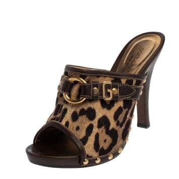 Pre Owned Dolce & Gabbana Beige/Brown Leopard Print Canvas And Leather Slide Sandals Size 37