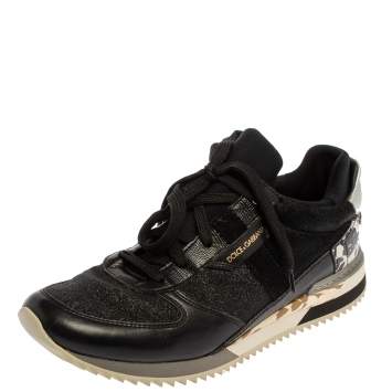 Pre Owned Dolce & Gabbana Black Leather And Glitter Fabric Lace Up Low Top Sneakers Size 39