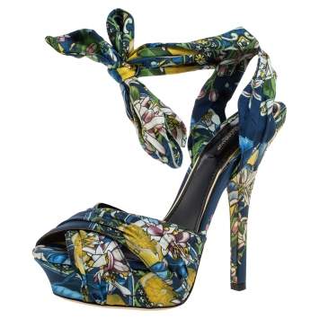 Pre Owned Dolce & Gabbana Multicolor Fabric Ankle Wrap Sandals Size 38 