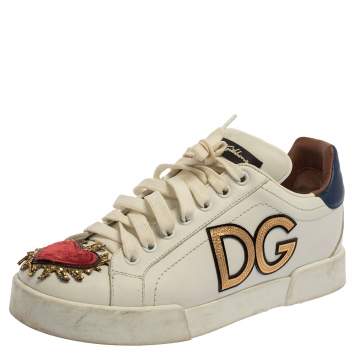 Pre Owned Dolce & Gabbana White Leather Portofino Sacred Heart Sneakers Size 37