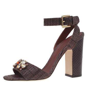 Pre Owned Dolce & Gabbana Beige Jeweled Raffia & Snakeskin Sandals Size 40