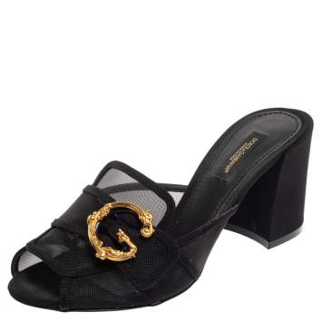 Pre Owned Dolce & Gabbana Black Mesh And Canvas Baroque Logo Slip On Sandals Size 37