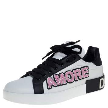 Pre Owned Dolce & Gabbana White/Black Leather Portofino Love Patch Low Top Sneakers Size 38.5