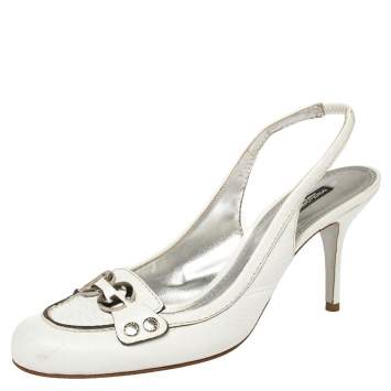 Pre Owned Dolce & Gabbana White Leather Logo Embellished Loafer Slingback Sandals Size 40
