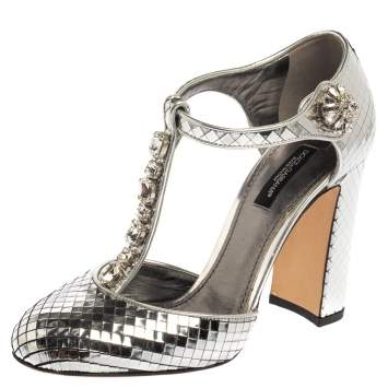 Pre Owned Dolce & Gabbana Metallic Silver Textured Leather Embellished T Strap Pumps Size 36.5