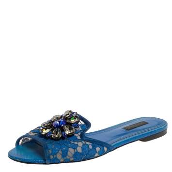 Pre Owned Dolce & Gabbana Blue Lace Crystal Embellished Flat Slides Size 38