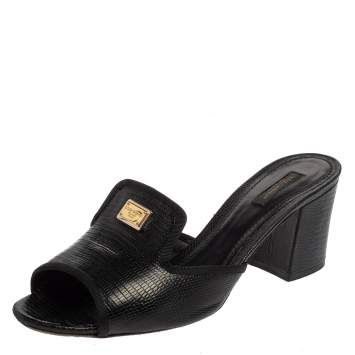 Pre Owned Dolce & Gabbana Black Leather Iguana Slide Sandals Size 41
