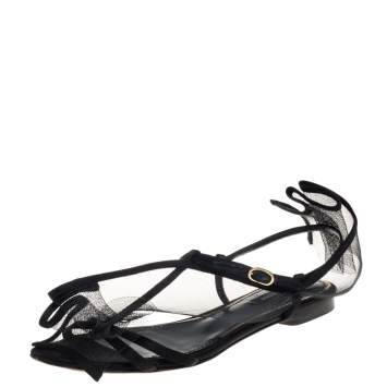 Pre Owned Dolce & Gabbana Black Satin And Mesh Flat Sandals Size 37.5