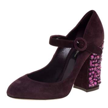 Pre Owned Dolce & Gabbana Burgundy Suede Mary Jane Embellished Heel Pumps Size 36