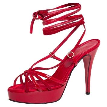 Pre Owned Dolce & Gabbana Red Suede And Patent Leather Ankle Wrap Sandals Size 38