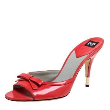 Pre Owned Dolce & Gabbana Red Patent Leather Bow Slide Sandals Size 39