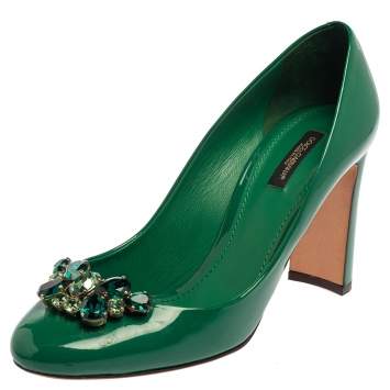 Pre Owned Dolce & Gabbana Green Patent Leather Crystal-Embellished Pumps Size 40