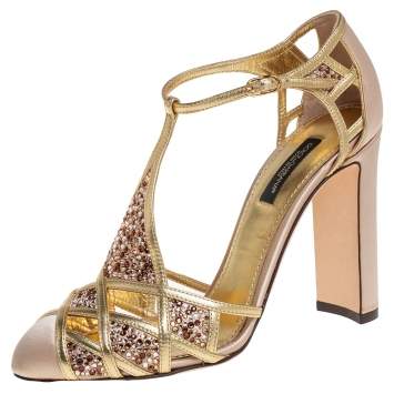 Pre Owned Dolce & Gabbana Metallic Gold Leather and Satin Crystal Embellished Sandals Size 37