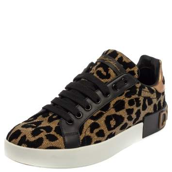 Pre Owned Dolce & Gabbana Black/Brown Leopard Print Lurex Fabric Logo Low Top Sneakers Size 37.5