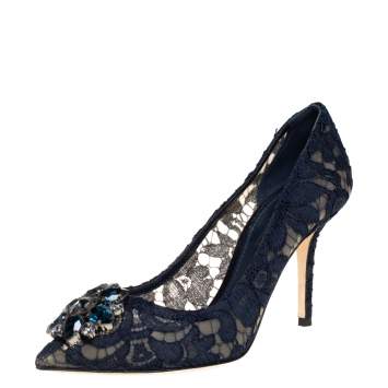 Pre Owned Dolce & Gabbana Navy Blue Lace Crystal Embellished Bellucci Pointed Toe Pumps Size 37.5