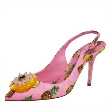 Pre Owned Dolce & Gabbana Pink Pineapple Print Fabric Embellished Slingback Sandals Size 40.5