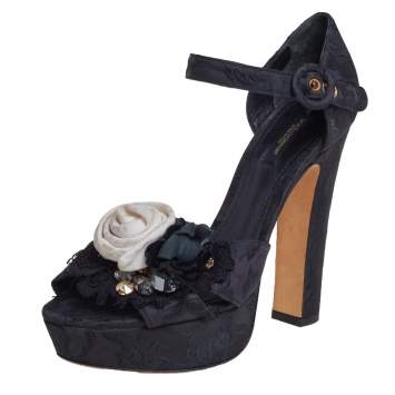 Pre Owned Dolce & Gabbana Black Brocade Floral Embellishment Platform Ankle Strap Sandals Size 39