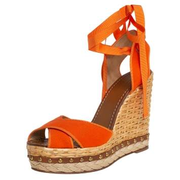 Pre Owned Dolce & Gabbana Orange Canvas Criss Cross Platform Ankle Wrap Wedge Espadrilles Size 40