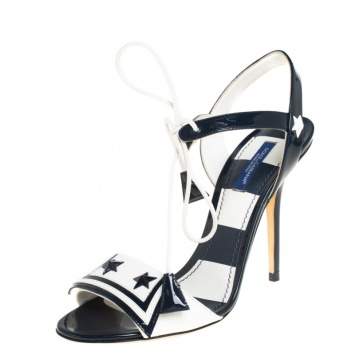 Pre Owned Dolce & Gabbana Navy Blue/White Patent Leather Keira Ankle Tie Open Toe Sandals Size 38