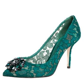 Pre Owned Dolce & Gabbana Green Lace Taormina Pumps Size 38