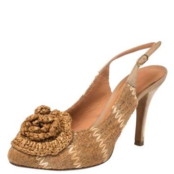 Pre Owned Dolce & Gabbana Tan And Beige Leather And Raffia Flower Slingback Pumps Size 37
