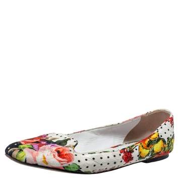 Pre Owned Dolce and Gabbana White Floral Print Fabric Loafers Size 40