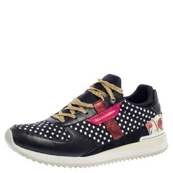 Pre Owned Dolce & Gabbana Multicolor Leather, Fabric And Suede Polka Dot Sneakers Size 37.5